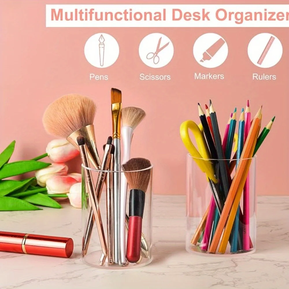 

2pcs Transparent Acrylic Pen Holder, Desktop Pencil Cup Organizer for Office Accessories, Round Makeup Brush, Home Organization