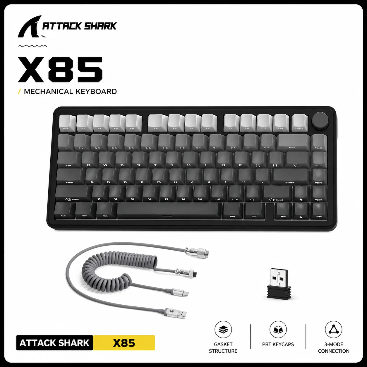 ATTACK SHARK X85 75% Tri‑Mode(Wired/2.4GHz/Bluetooth) Hot Swap Mechanical Keyboard Kit With C01ULTRA RGB Aviator Coiled Cable