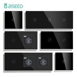 BSEED 1/2/3Gang Wall Touch Switch Double Light Switches 1Way Plus Type-c USB Sockets EU Standard Glass Panel Blue Backlight 10A