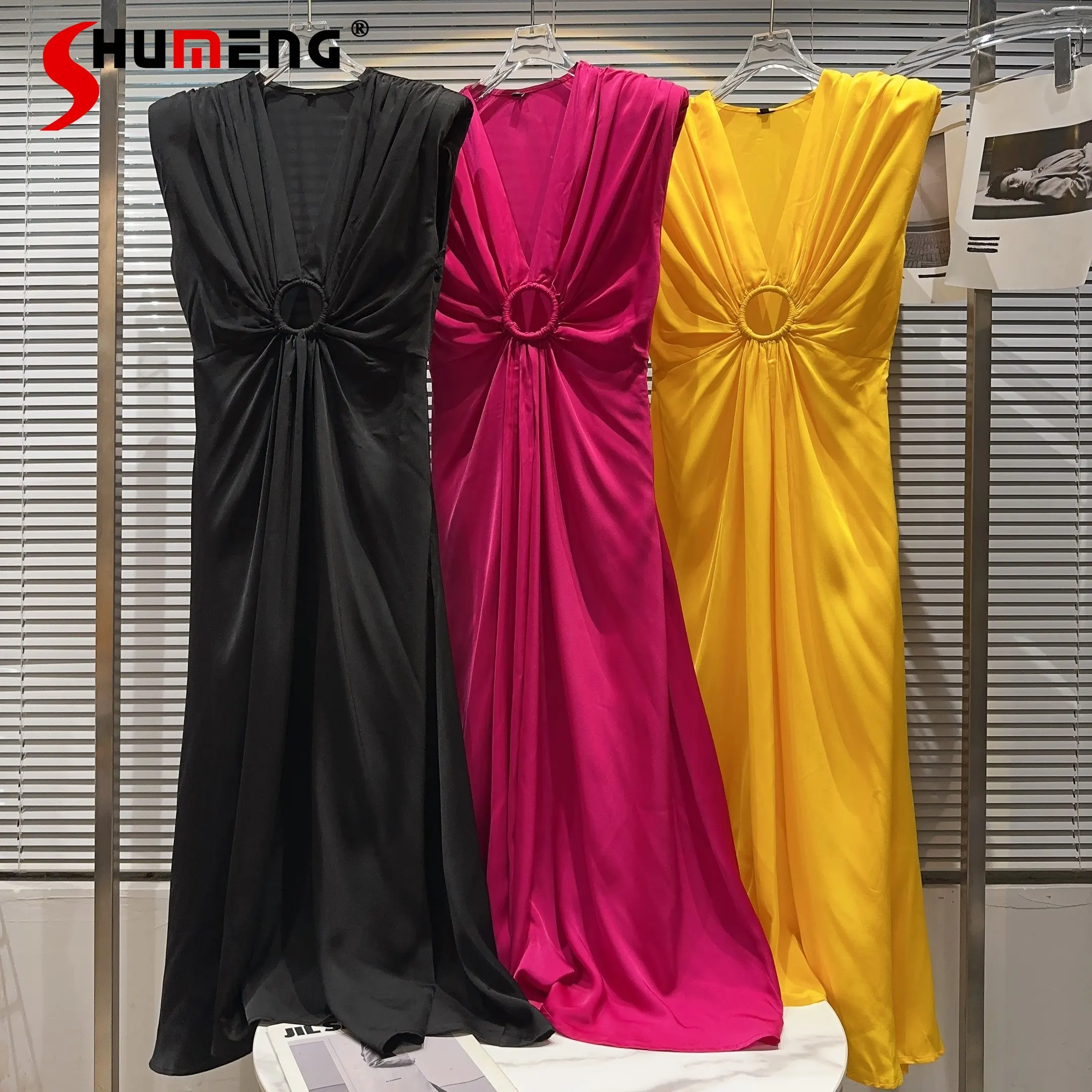 

2023 Summer New V-neck Ring Slim Waist Elegant Satin Long Dress for Women Sleeveless Holiday Seaside Maxi Dress Woman's Dresses