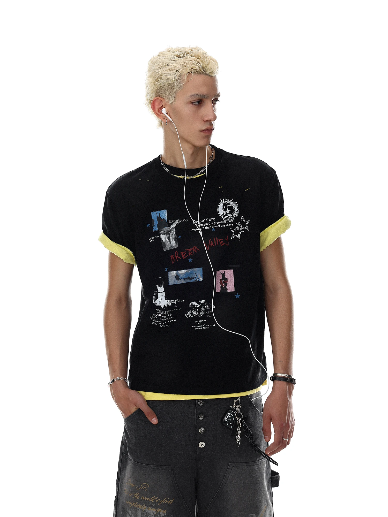 Loose Fit American Retro Creative Print Short Sleeve T-Shirt Men Summer High Street Style Cool Top round Neck Cotton Tee