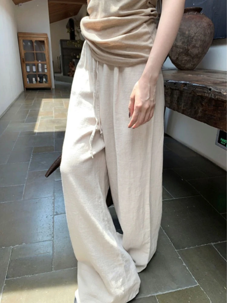 HOUZHOU Casual gamba larga pantaloni di lino donna Oversize Basic femminile Palazzo pantaloni di lino vecchio stile soldi larghi pantaloni moda coreana