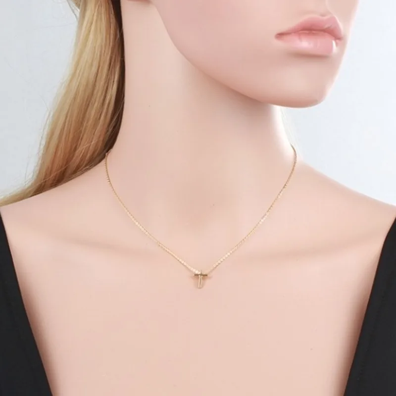 Cute Slim Yellow Rose White Gold Color Tiny Small Cross Charm Pendant Necklace Short Chain Chokers Necklaces Women Girls Jewelry