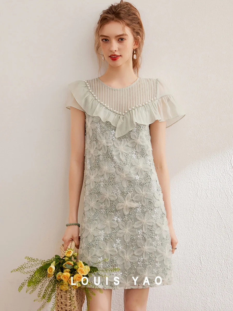 

LOUIS YAO 2025 Summer Retro Embroidered Bead Skirt Elegant Round Neck Folded Ruffle Short Sleeve Dress