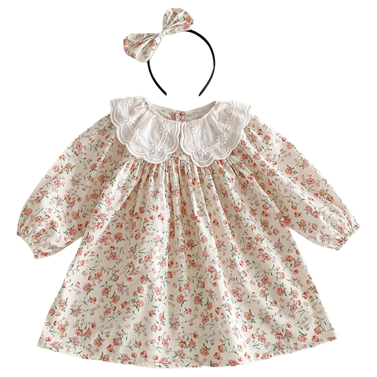 

Baby Girls Floral Print Dress Long Sleeve Doll Collar Bowknot Headband Set for Party Daily Casual Wear Family Gathering Outfit