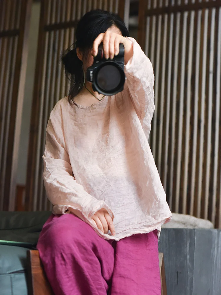 

Весенне-летняя женская свободная блузка из легкого льна с круглым вырезом и разрезами, повседневная, с длинным рукавом, дышащая, комфортная