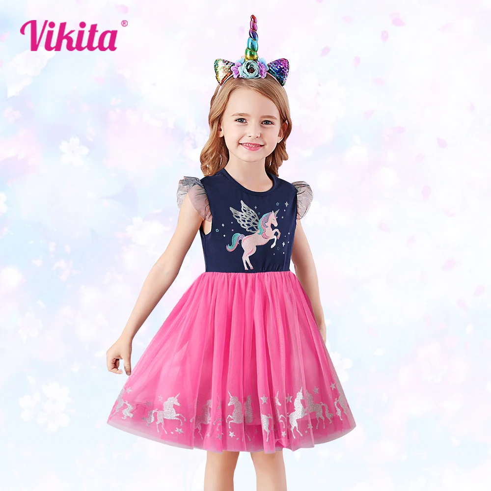 VIKITA Kids Girls Sleeveless Dress Unicorn Princess Casual Tulle Dress for Birthday Party Summer Prom Girls Clothes  3-8 Years