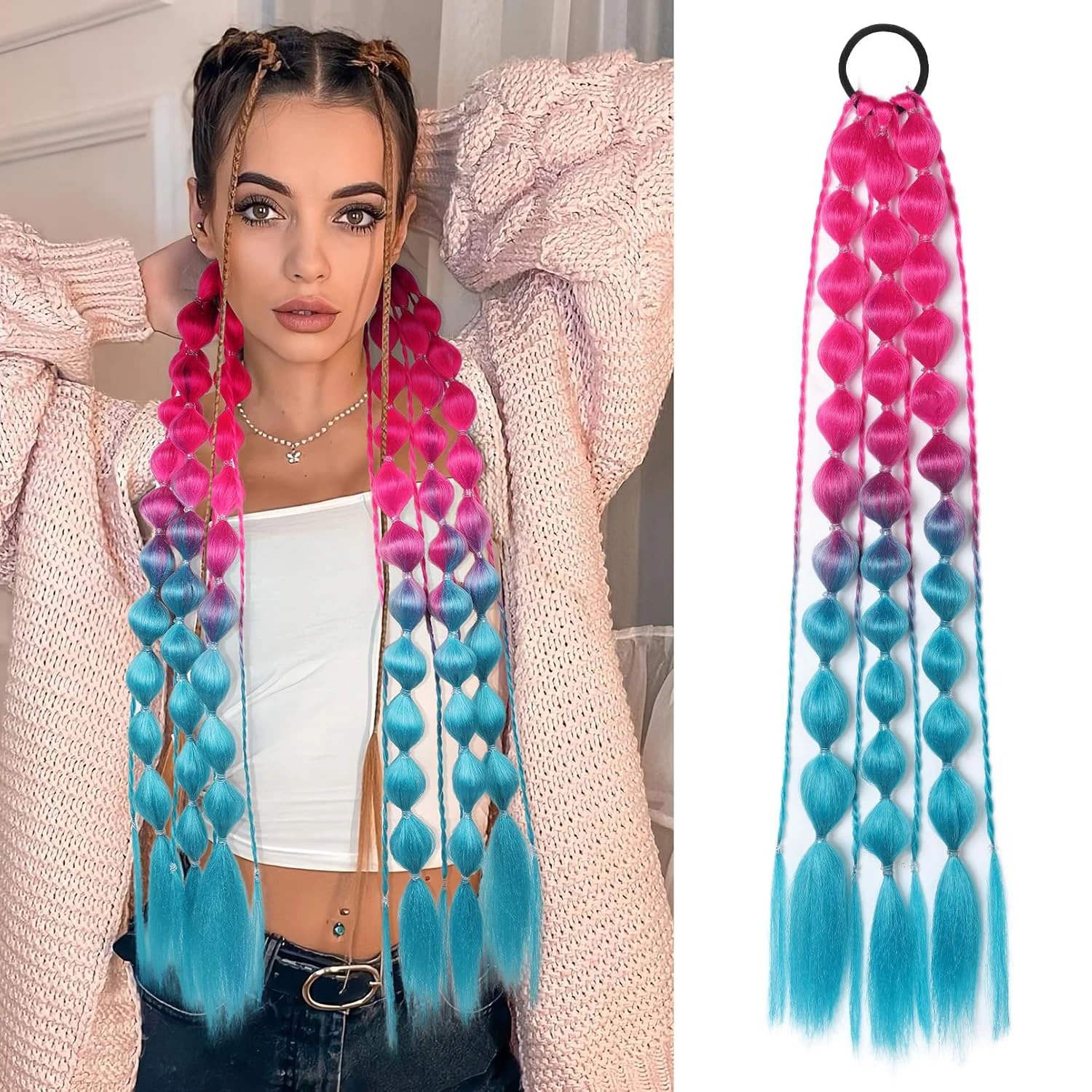 

Синтетический хвостик с цветными пузырьками и резинкой для волос, длинные цветные наращивание волос для девочек, аксессуары для сумасшедших волос для женщин