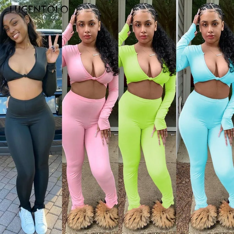 

Женская мода, комплект из 2 предметов, сексуальная однотонная рубашка на палец, укороченный топ с низким вырезом и узлом, удобные леггинсы, байкерская клубная одежда