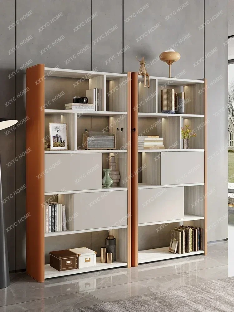 

A Light Luxury Saddle Leather Bookcase Solid Wood Floor Wall Shelf Study Display Cabinet Bookshelf