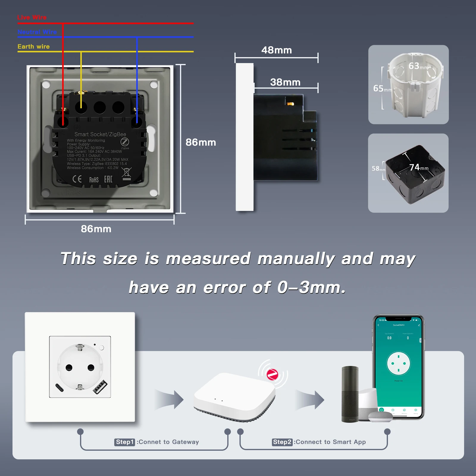 BSEED Zigbee EU Socket Plus 20w Type-c USB AC Ports Power Monitor Smart Plug Tuya Smart Life Alice Voice Control Matte PC Frame