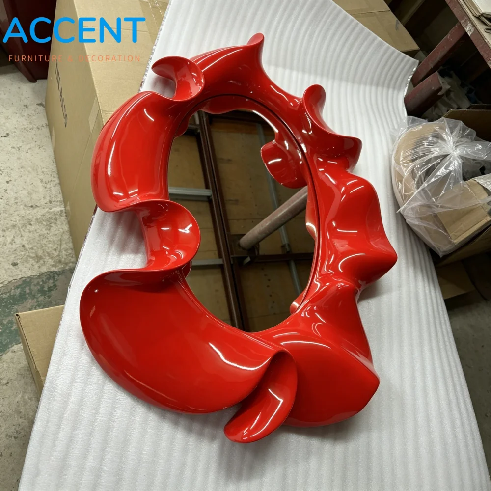 Cheap Wavy Fiberglass Mirror Flame Wall Glass, Bright Red Embellishment, Painted Surrealist Sculptural Dresser, Suitable For Lux