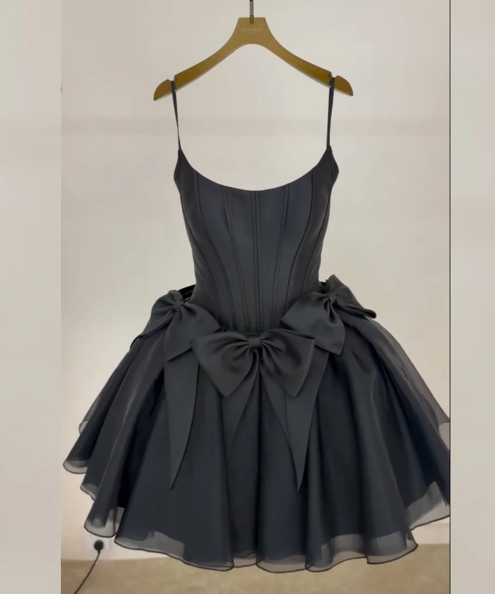 Customized Fashion Charmeuse Pleat Bow A-line Spaghetti Strap Short Bespoke Occasion Party Dresses Exquisite Simple