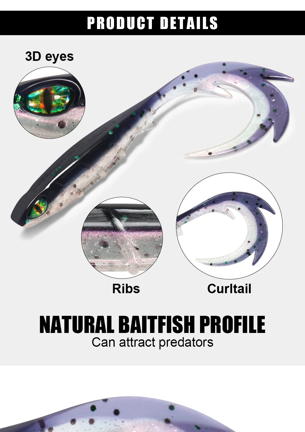 Spinpoler 3D-Augen-Angelköder, 9,5 cm, Softbait, gewellter Schwanz, Köderfisch, Rippenkörper für Zander, Hecht, raubere Fische, Spinning-Jigging-Gerät – Detail 3