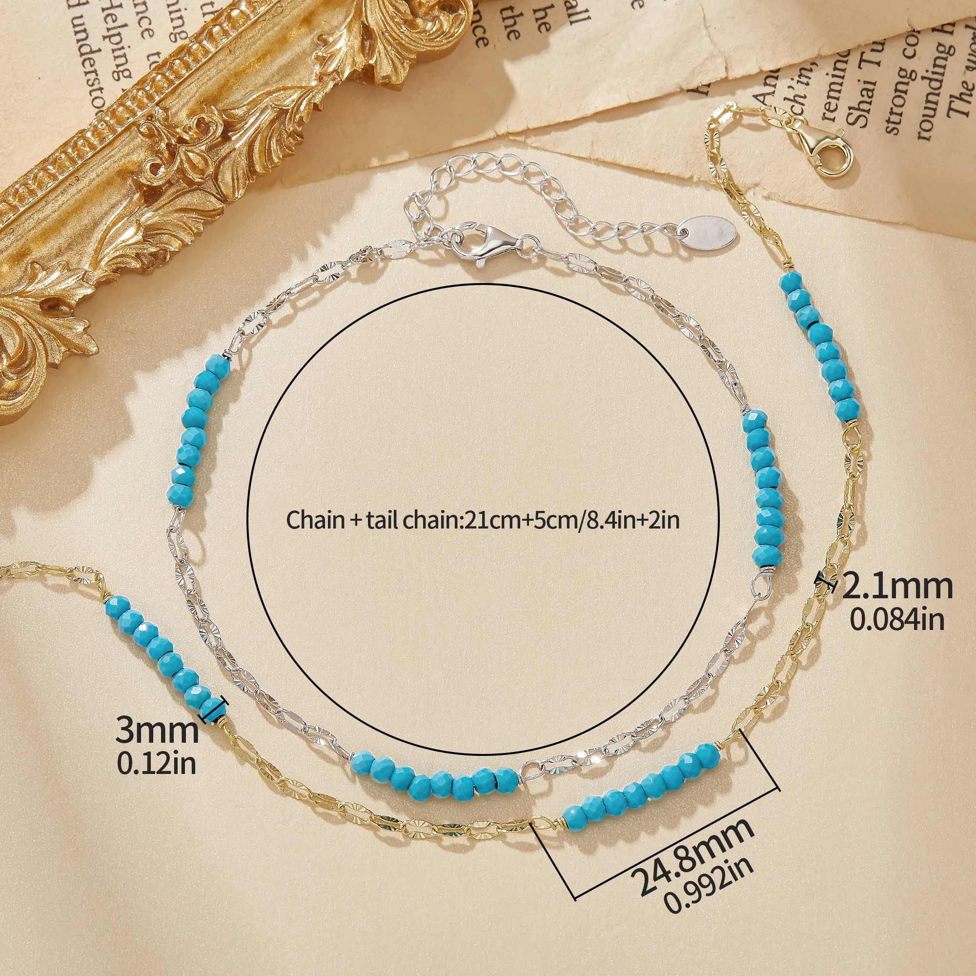 Simulated Blue Turquoise Beads Anklet Solid 925 Sterling Silver Adjustable Foot chain Anklet Bracelet Gift For Mom 6690060