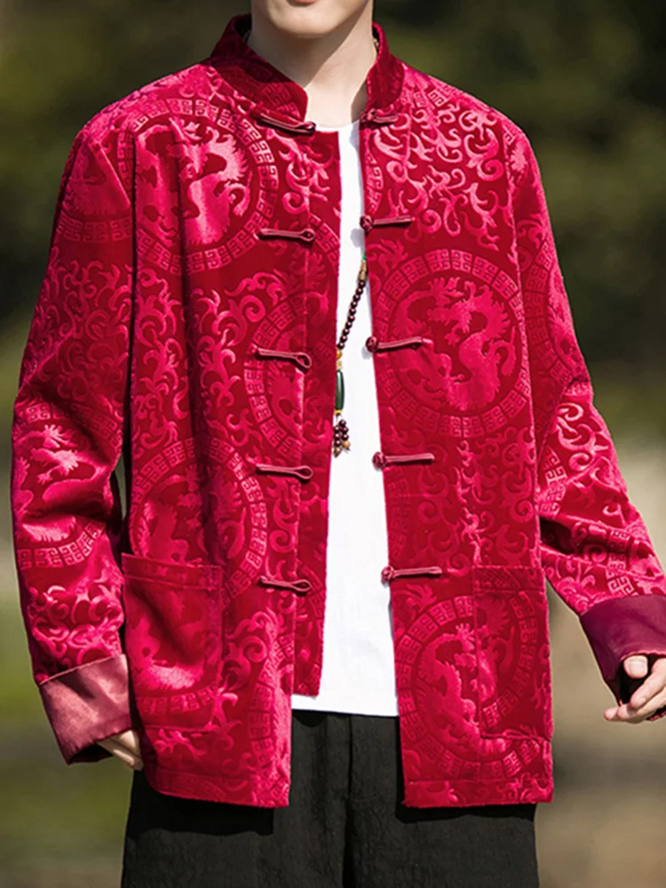 

Red Velvet Jaet for Men Chinese Sle Buttoned Tang Costume Hanfu Faion Spring Autumn Loose Fit Long Sve Casual Wear