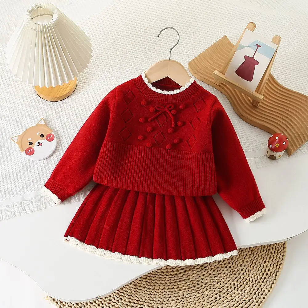 

Girl Two Piece Set Autumn Winter New 2024 Solid Three-dimensional Ball Knitting Long Sleeves Sweater Pleated Skirt Cute Soft