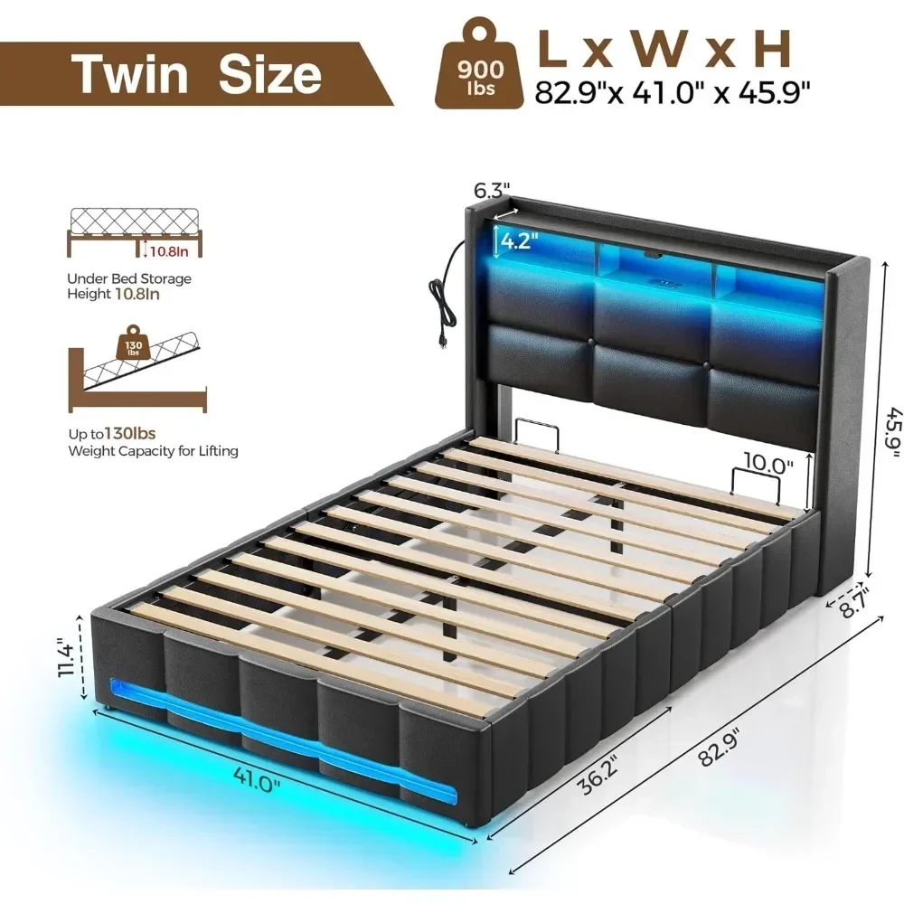 Bed Frame Twin Size with Lift Up Storage, Charging Station & LED Lights, Upholstered Storage Headboard, Heavy Duty Wooden Slats