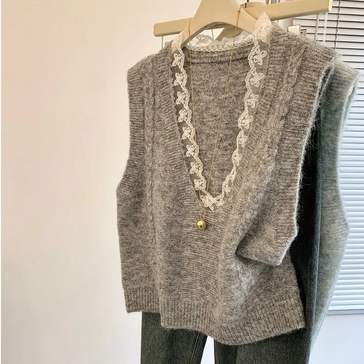 Korean Style Lace Patchwork Knitted Vest Women's Spring Summer New Small Size Layering Vest Straight Tube Silhouette