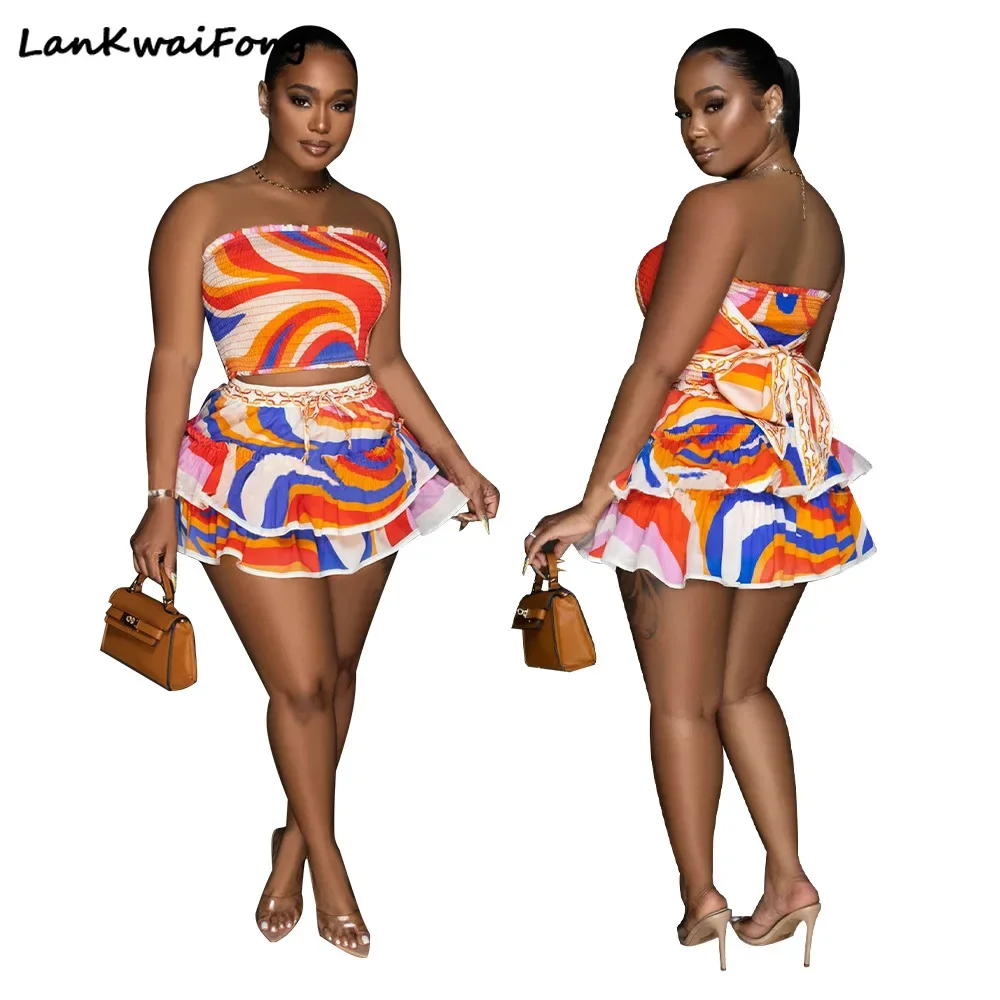 2024 Holiday Casual Women's Sexy Wrapped Chest Sleeveless Backless Printed Short Skirt Two-piece Set