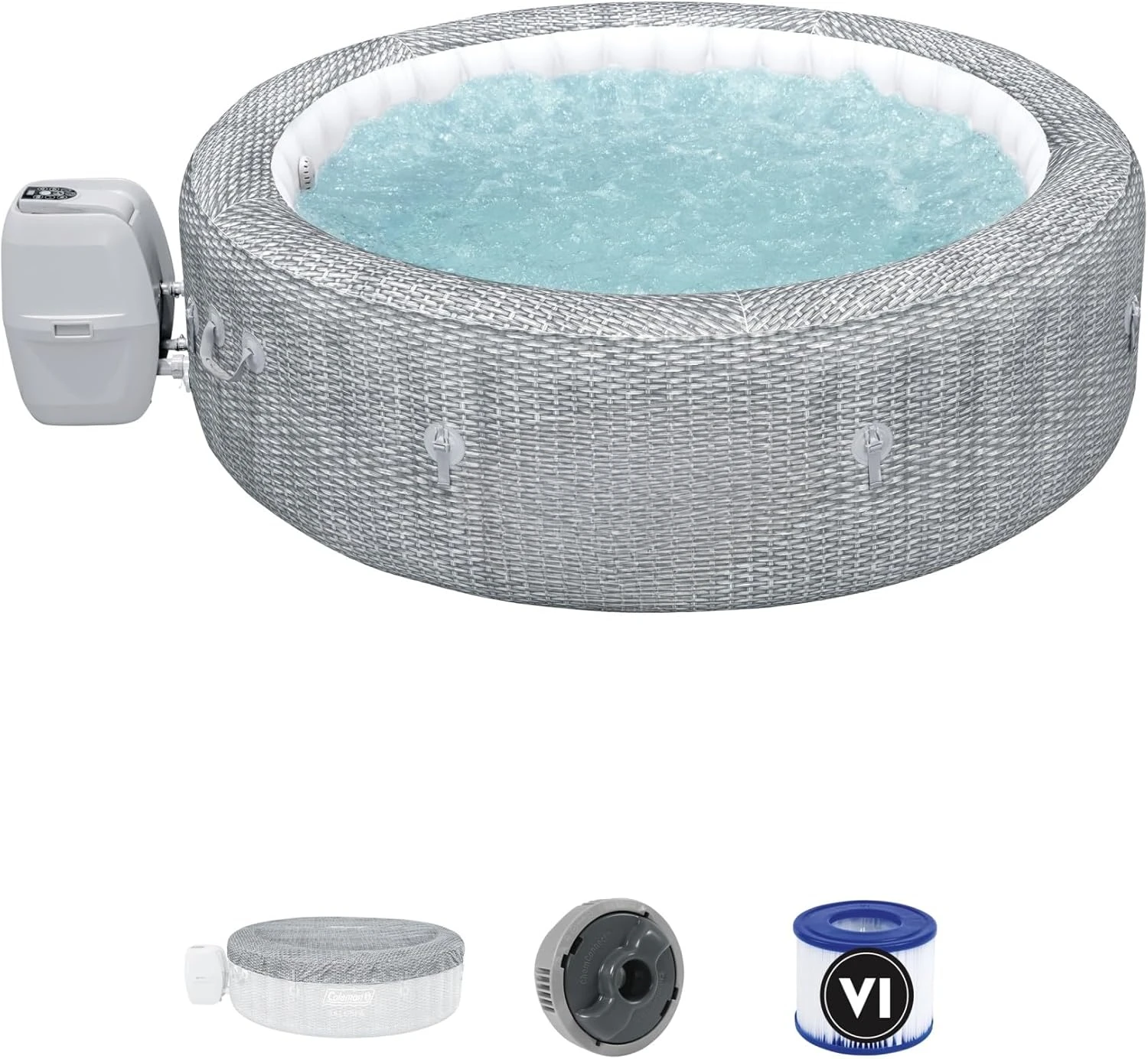 AirJet 7 Person Inflatable Hot Tub Round Portable Outdoor Spa with 180 Soothing AirJets and Insulated Cover, Gray