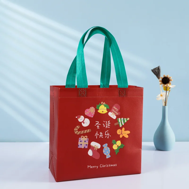 Creative Christmas Gift Bag Square Shaped Non-Woven Santa Tote Bag Solid Color Waterproof Portable Shopping Bag Festive Supplies