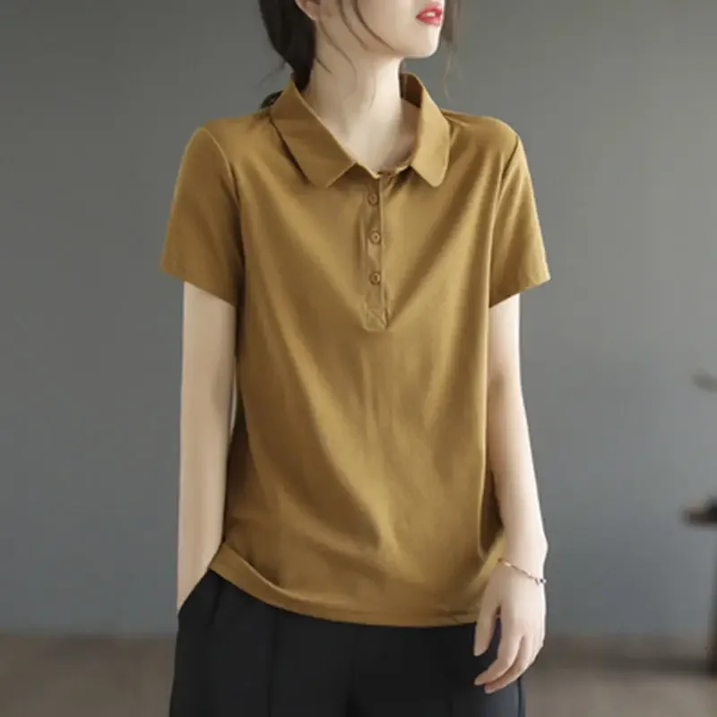 2023 Summer New Pullover Female Clothing Fashion Solid Polo Loose Short Sleeve Cotton Tee T-shirt Women's Casual Vintage Tops