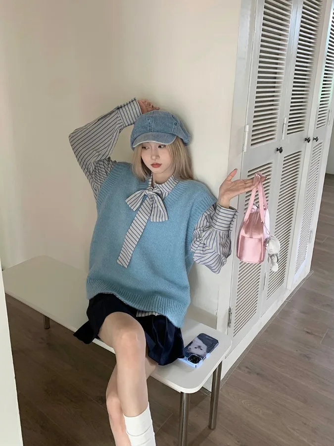 

Женский вязаный комплект Sweet Preppy Sle на весну и осень, жилет в полоску, комплект из двух предметов, модный модный возрастной комплект