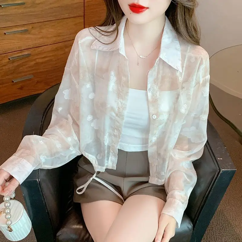 Women Summer Korean Loose Fashion Sunscreen Thin Long Sleeve Chiffon Shirts Women Clothes Casual All-match Appear Thin Sexy Tops