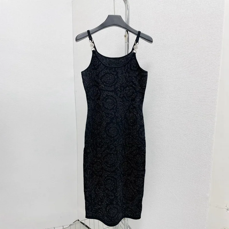 

Sexy Baroque Metal Buckle Shiny Knitted Tank Vest Wrap Body Dress Women Date Novelty Polyester Fiber Summer Sleeveless U-neck