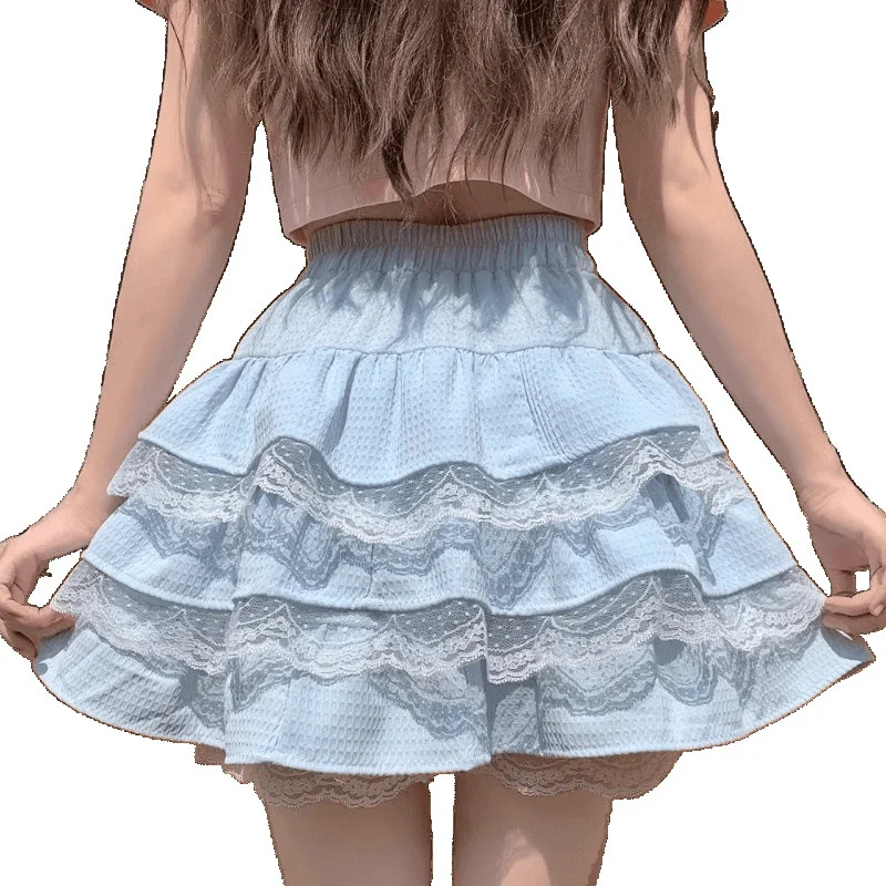 Gaun Kue Renda Anak Perempuan Musim Panas Y2K Rok Setengah Linen Katun Tepi Ruffle Tambal Sulam Rok Berlipat Pinggang Tinggi Rok Berbulu A-line Baru