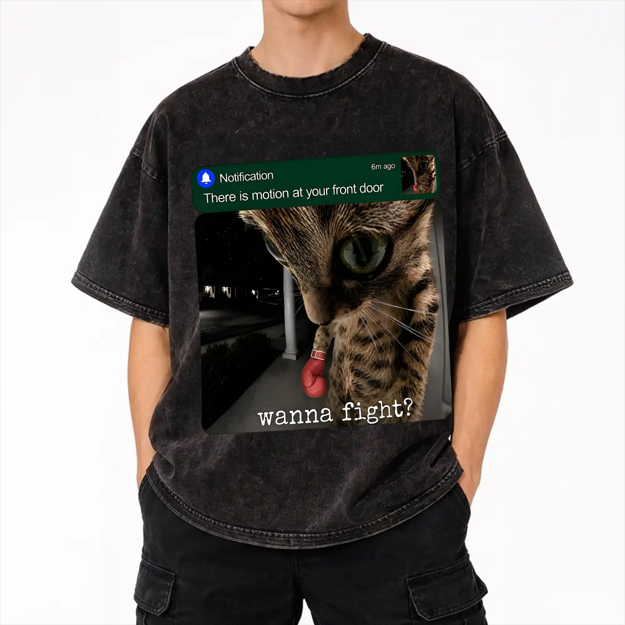 Graphic Printed There is Motion at Your Front Door Funny Cat Motion  Washed T Shirts T-Shirts  Men Women Tee Shirt
