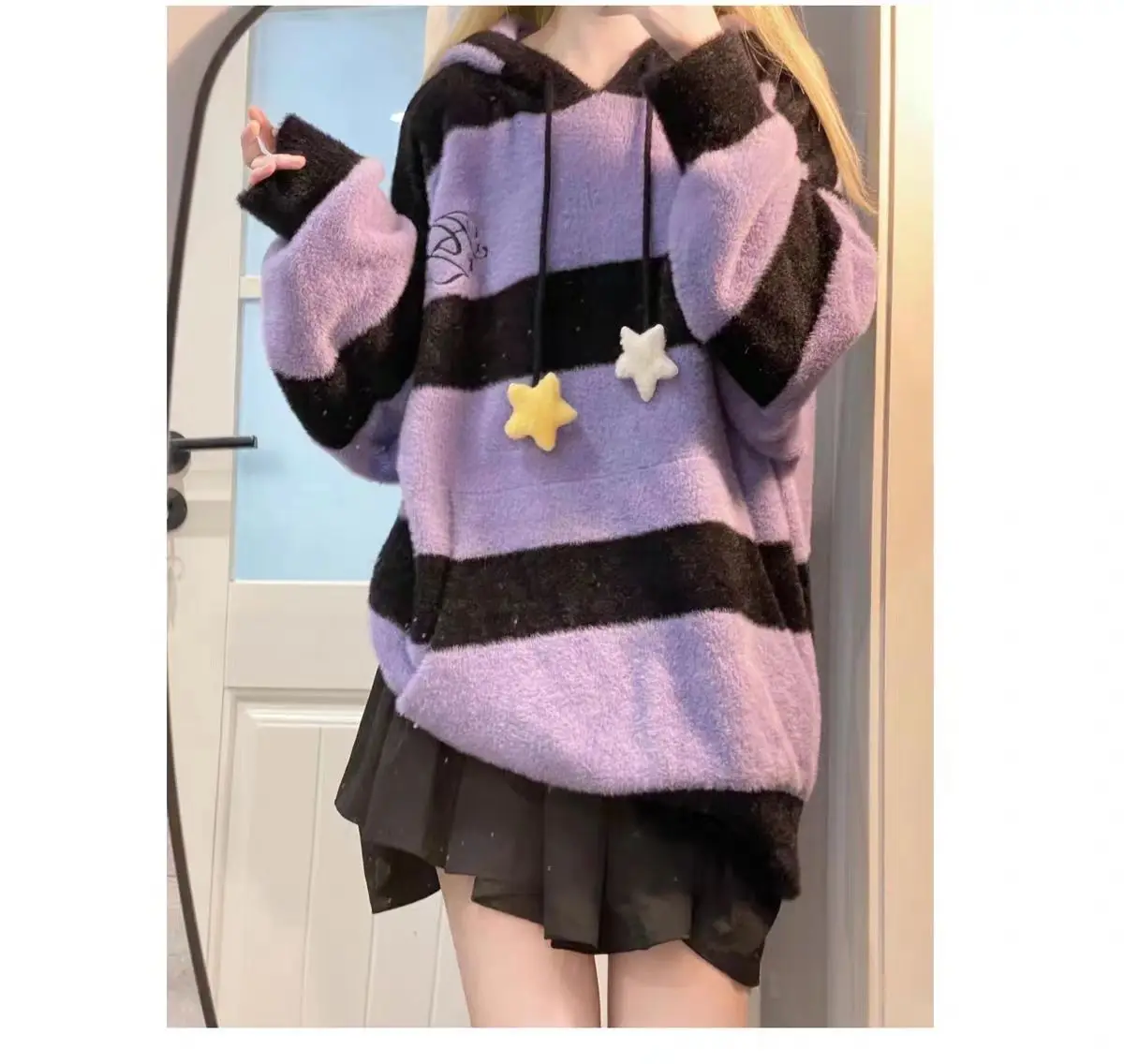 

Japanese Harajuku Women Casual Hood Sweaters Vintage Long Sleeve Pullover Autumn Winter Sweet Striped Jumpers Aesthetics Chic