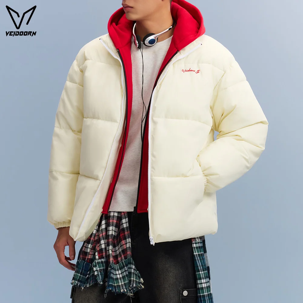 

Veidoorn Men's Fake Two Piece Short Puffer Jacket Winter Thickened Thermal Hooded Coat, Stand Collar Warm Sports Outdoor Parka
