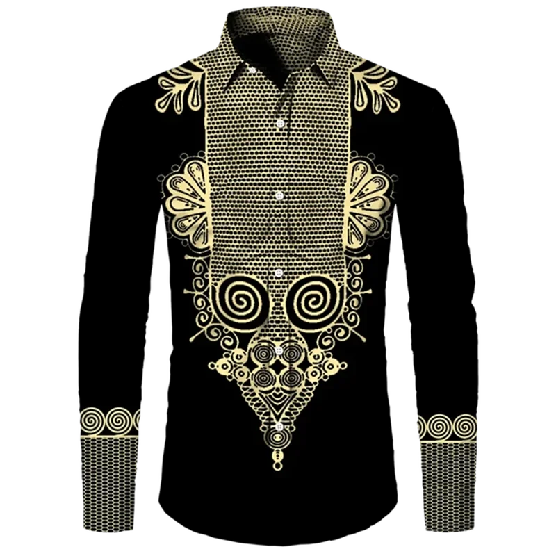 Colorful African Pattern Hawaiian Shirts For Men Retro Ethnic 3D Printed Blouse Casual Loose Aloha Shirts Long Sleeves Tops