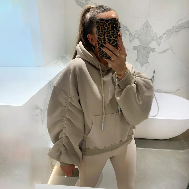 Women Casual Loose Hooded Sweatshirt Harajuku Ruched Long Sleeve Autumn Winter Loose Drawstring Warm Cotton Hoodies Streetwear