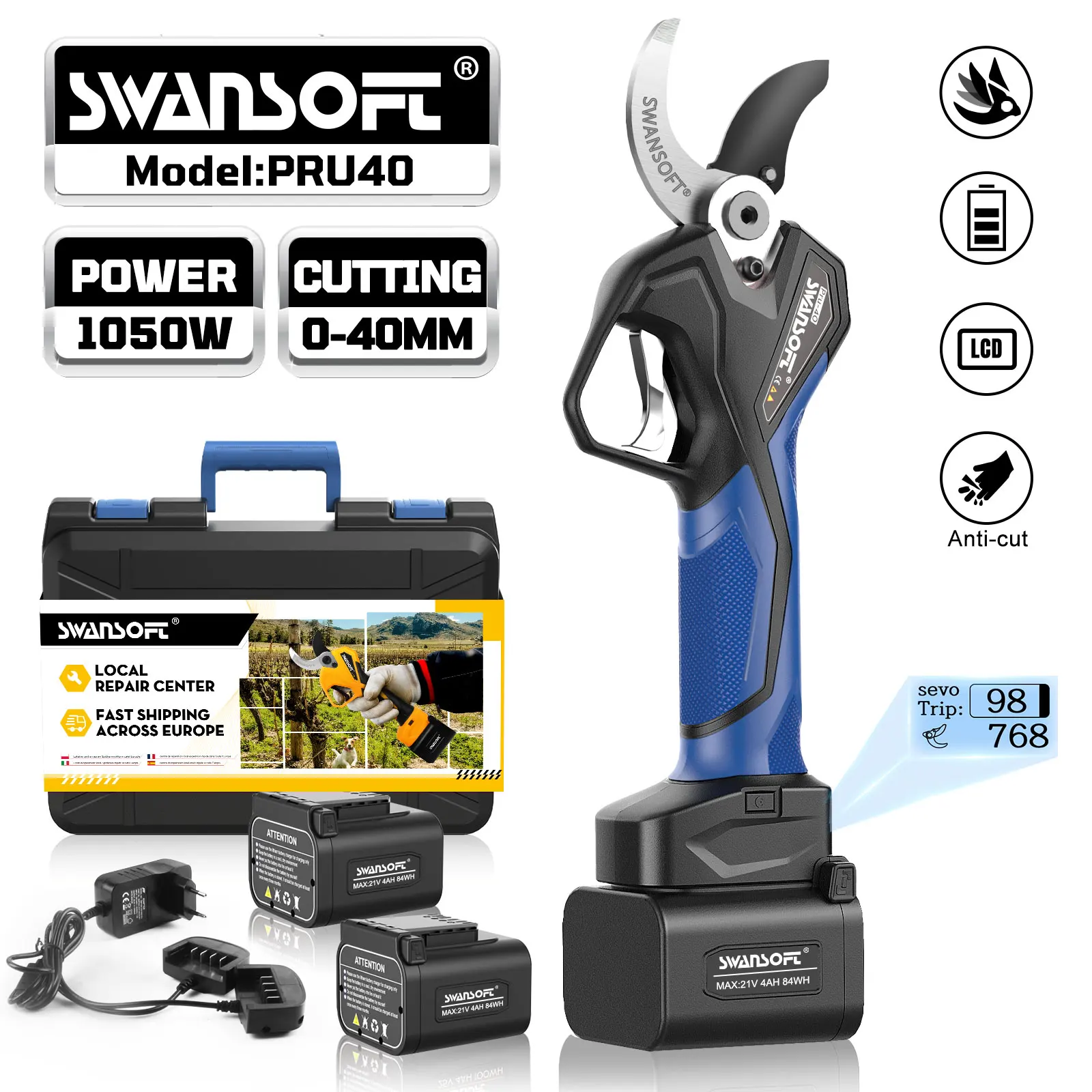 Swansoft-プロの剪定ばさみ,電気剪定ばさみ,21V,プログレッシブカット,PRU-40