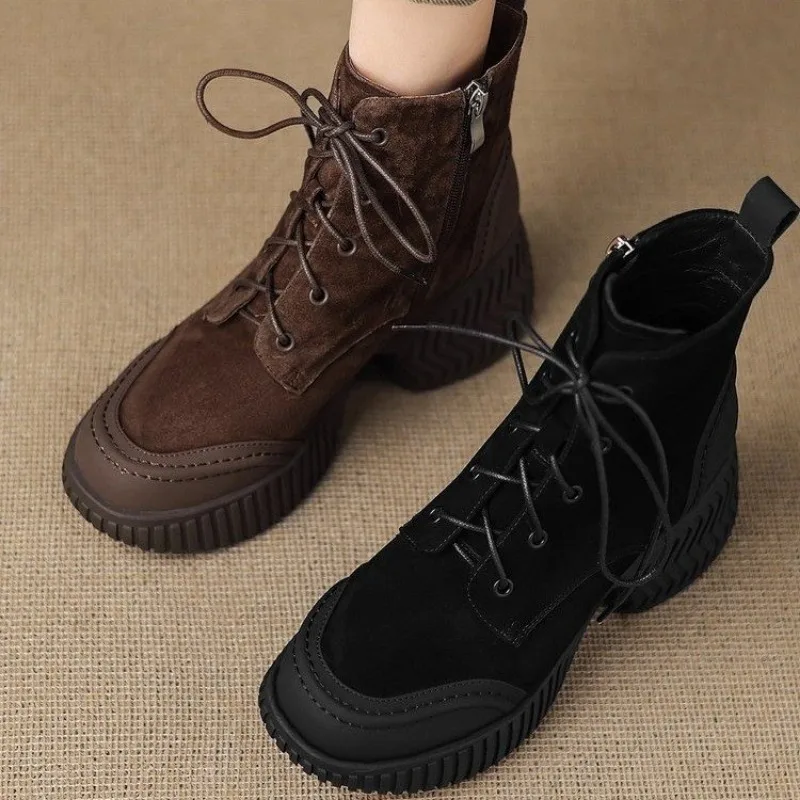 

NEW Autumn Women Boots Sheep Suede Leather Shoes for Women Sqaure Toe Chunky Heel Shoes Lace-up Zipper Short Boots Daily Shoes