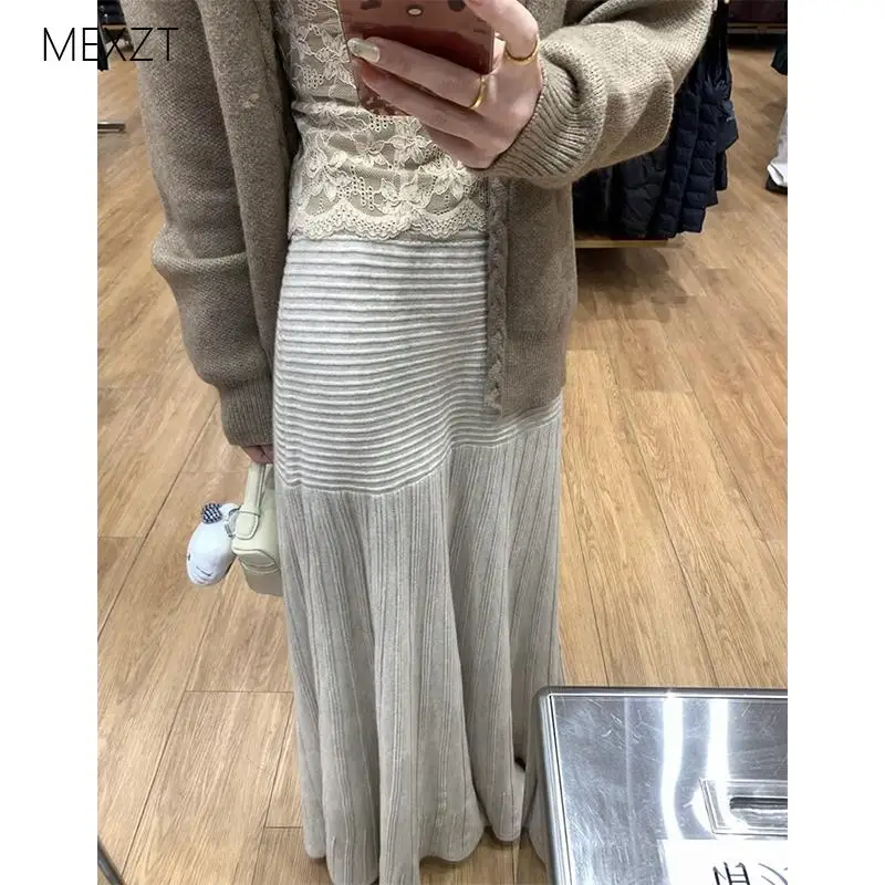 Elegant Knitted Midi Skirt Women Fashion Striped Patchwork Skirts Autumn Winter Ladies Korean High Waist Design A Line Faldas
