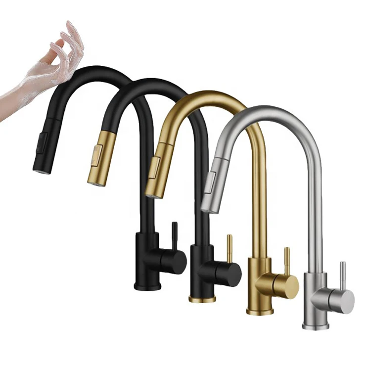 2022 Modern 304 Stainless Steel Kitchen Sink Water Taps Gold Black Brushed Color Pull Out Smart Touch Sensor Kitchen Faucet