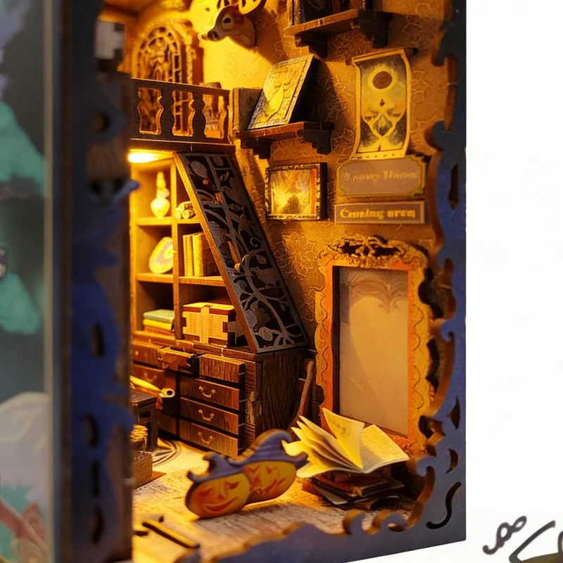 OUZEY Mystical Library Bookend DIY, 3D Wooden Spell School with Auto-Light, Creative Study Model for Teens