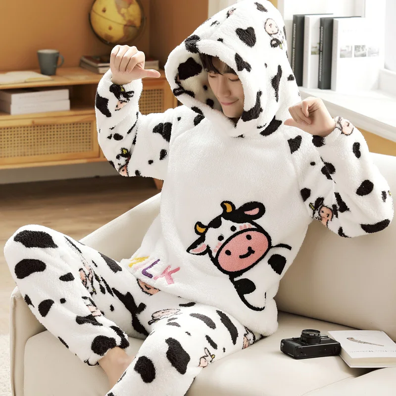 Tay Dài Pijama Người Mùa Đông Hoạt Hình Dễ Thương Làm Dày Dép Nỉ Ấm Cổ Nam Bộ Nam Đồ Ngủ Homewear Rời 5Xl 잠옷