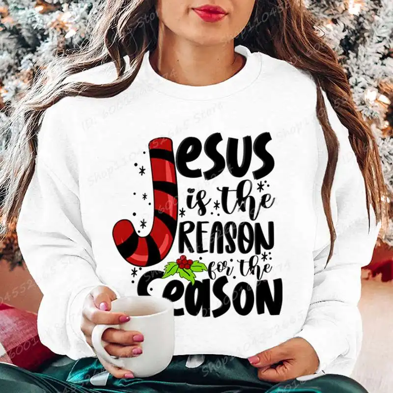يسوع هو سبب الموسم البلوز المطبوع، هدية عيد الميلاد، بلوزات عيد الميلاد النسائية المسيحية، البلوفرات طويلة الأكمام #5
