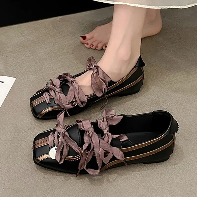 Bow Ballet Dance Designer Flats Casual Shoes Women Sandals Square Toe 2024 Trend Mary Janes Shoes Dress Shallow Zapatos Mujer
