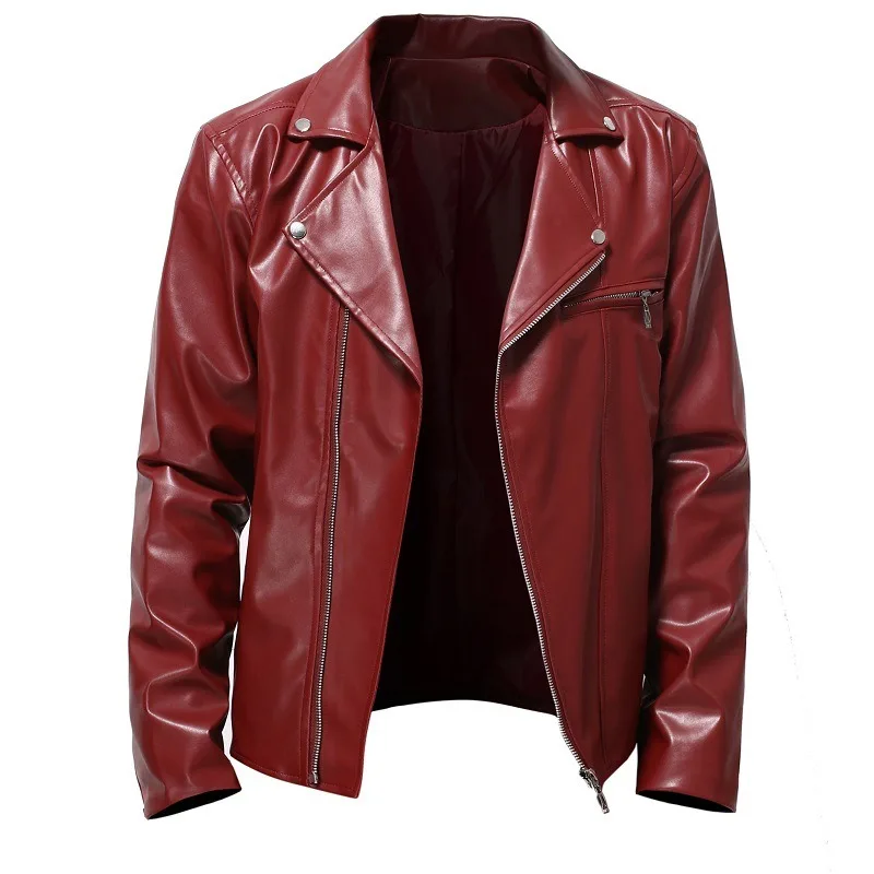 Foreign Trade Men\'s Leather Jacket, European and American Fashion Casual Lapel Diagonal Pull Motorcycle PU Leather Jacket