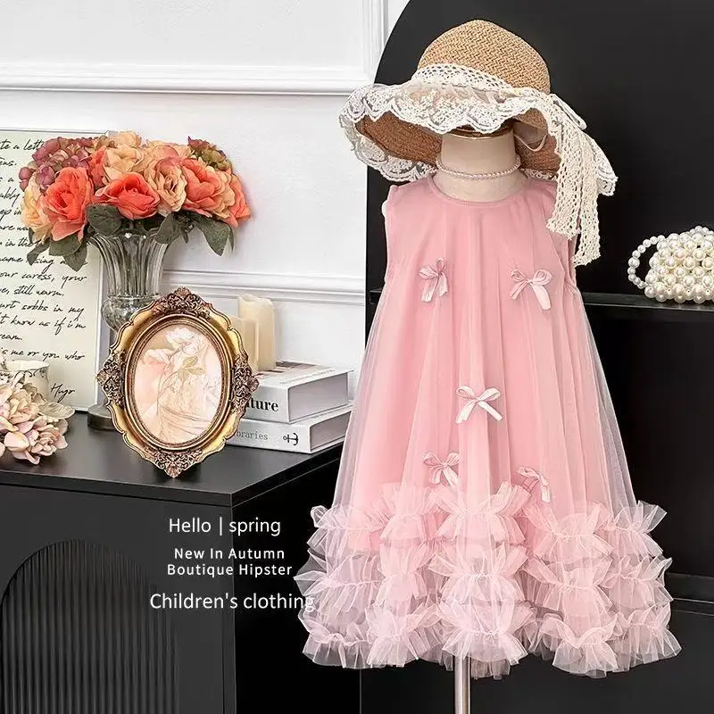 Retail New Baby Girls Summer Boutique Fleece Sequined Mesh Bow Dress Princess Kids Elegant Party Birthday Dress 2-6 Years