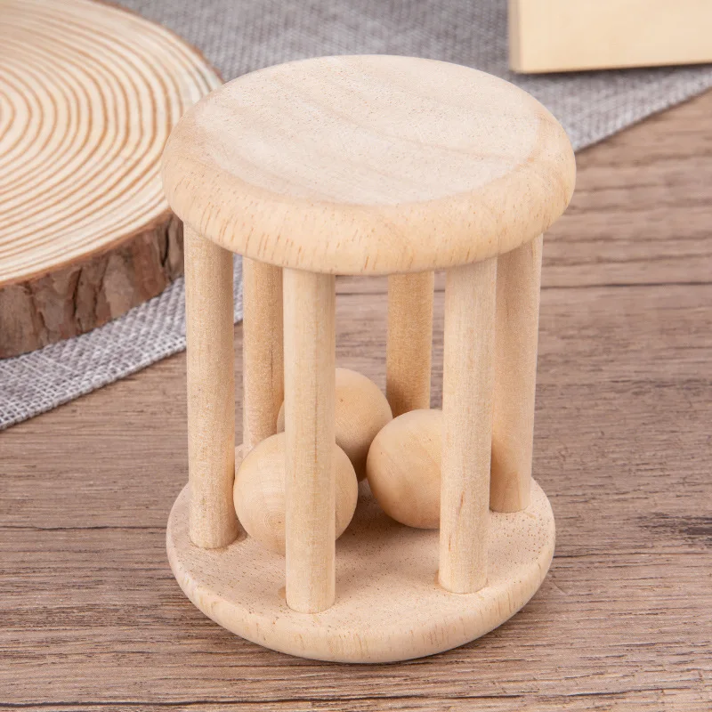 4 Pieces Wooden Baby Rattle Toy Montessori Teething Ring Log Geometric Grab Toy Natural Wood Rattle Set for Infants and Toddlers