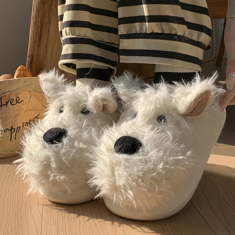 Household Cute Puppy Dog Cotton Slippers For Women 2024 Autumn And Winter New Style Indoor Home Fur Slippers