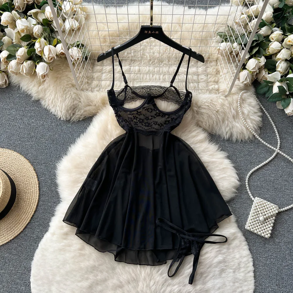 

Transparent Lace Sexy Nightwear Sleeveless Slim Backless Short Dress Women Strap Floral Mesh Sheer Erotic Nightdress