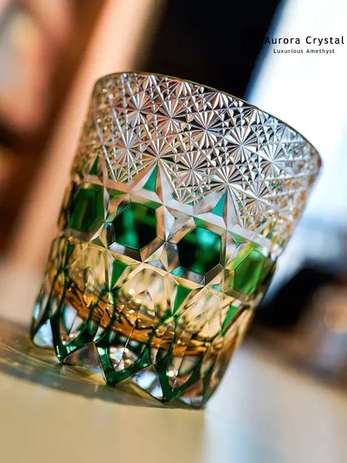 Aurora Tokyo Cutter Crystal Whiskey Glass Hand Carved Green Gemstone Foreign Liquor Cup Retro Japanese Style Insulated 301mL-...